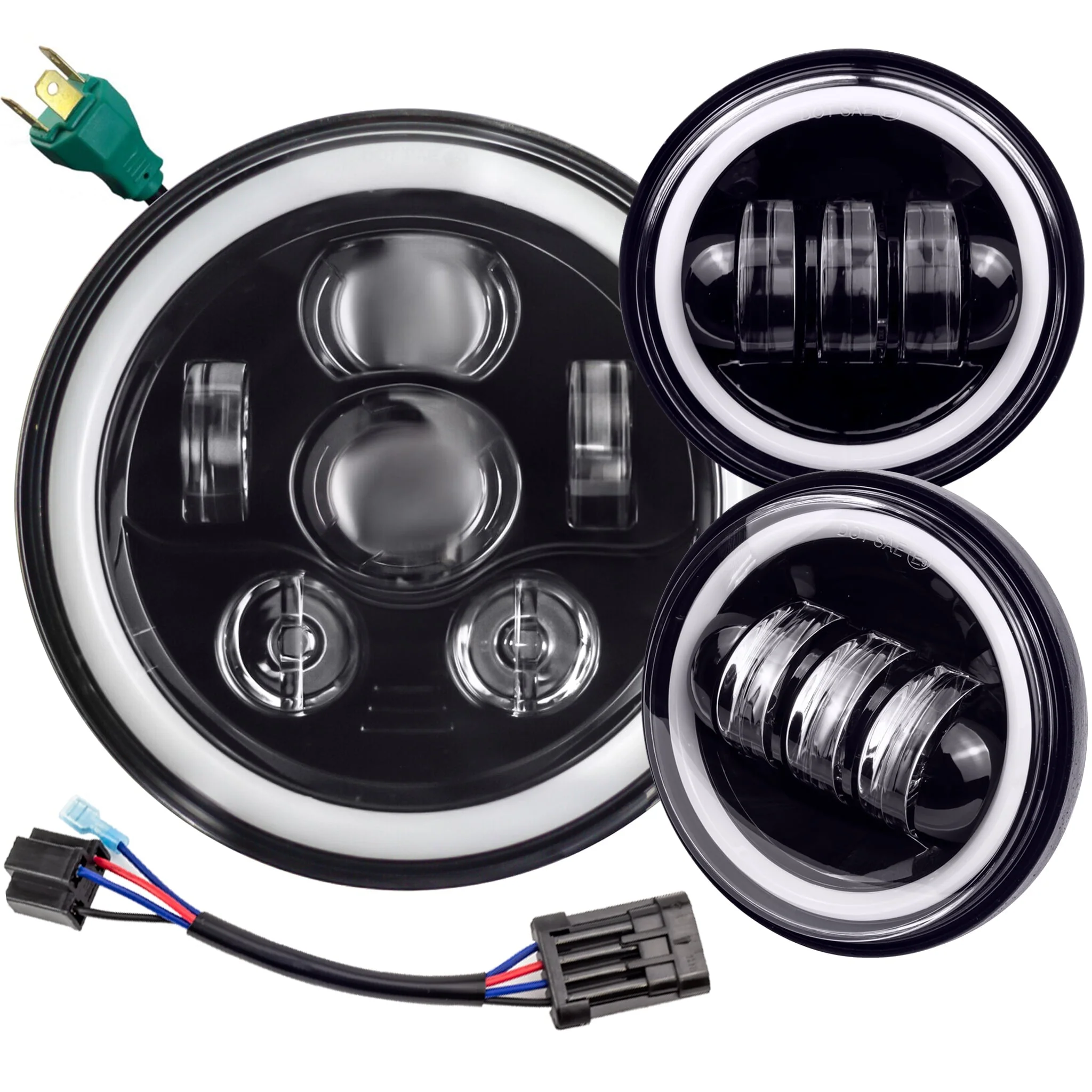 Eagle Lights 7" LED Headlight and 4.5" LED Passing Light Kit with Halo Rings for Harley-Davidson® & Indian® Motorcycles - Generation III / Black / Halo Ring - Image 13