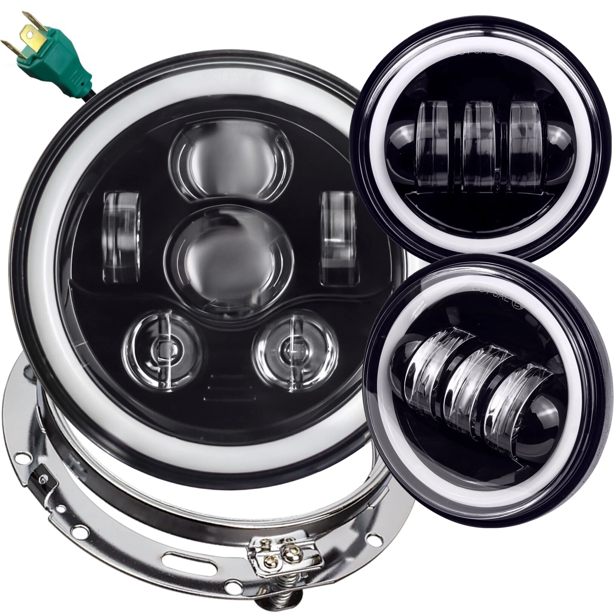 Eagle Lights 7" LED Headlight and 4.5" LED Passing Light Kit with Halo Rings for Harley-Davidson® & Indian® Motorcycles - Generation III / Black / Halo Ring - Image 15
