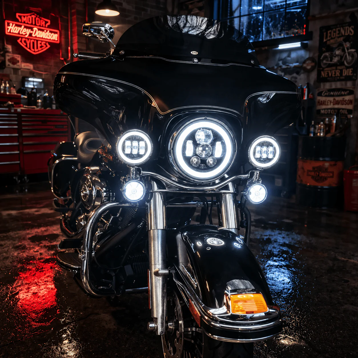 Eagle Lights 7" LED Headlight and 4.5" LED Passing Light Kit with Halo Rings for Harley-Davidson® & Indian® Motorcycles - Generation III / Black / Halo Ring - Image 3
