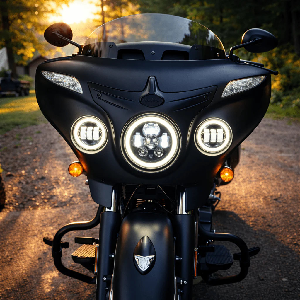 Eagle Lights 7" LED Headlight and 4.5" LED Passing Light Kit with Halo Rings for Harley-Davidson® & Indian® Motorcycles - Generation III / Black / Halo Ring - Image 5