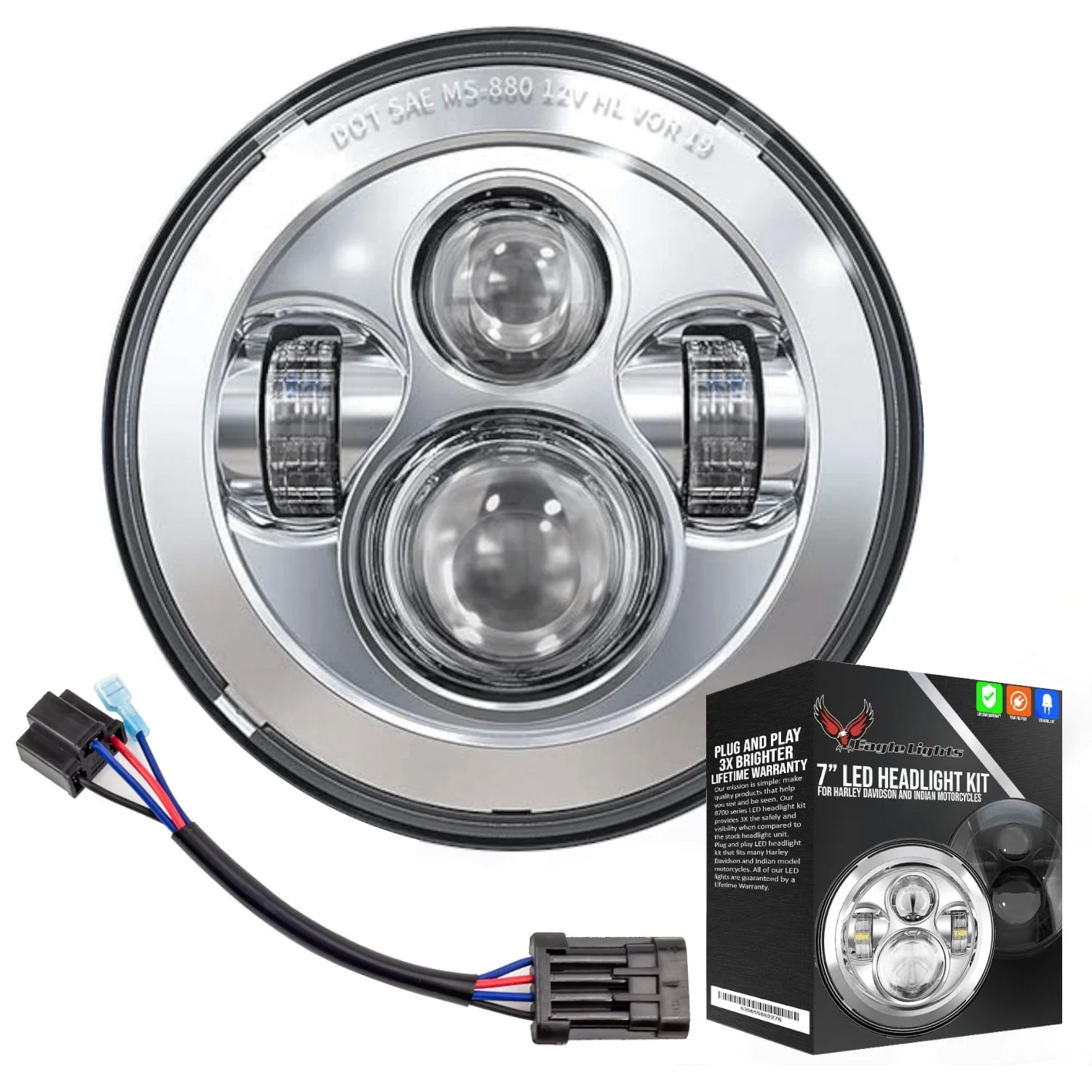 Eagle Lights 7" LED Headlight for Harley-Davidson® and Indian® Motorcycles - Generation I / Chrome Kit - Image 10