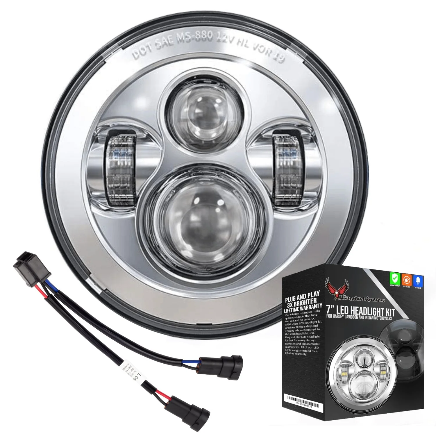 Eagle Lights 7" LED Headlight for Harley-Davidson® and Indian® Motorcycles - Generation I / Chrome Kit - Image 11