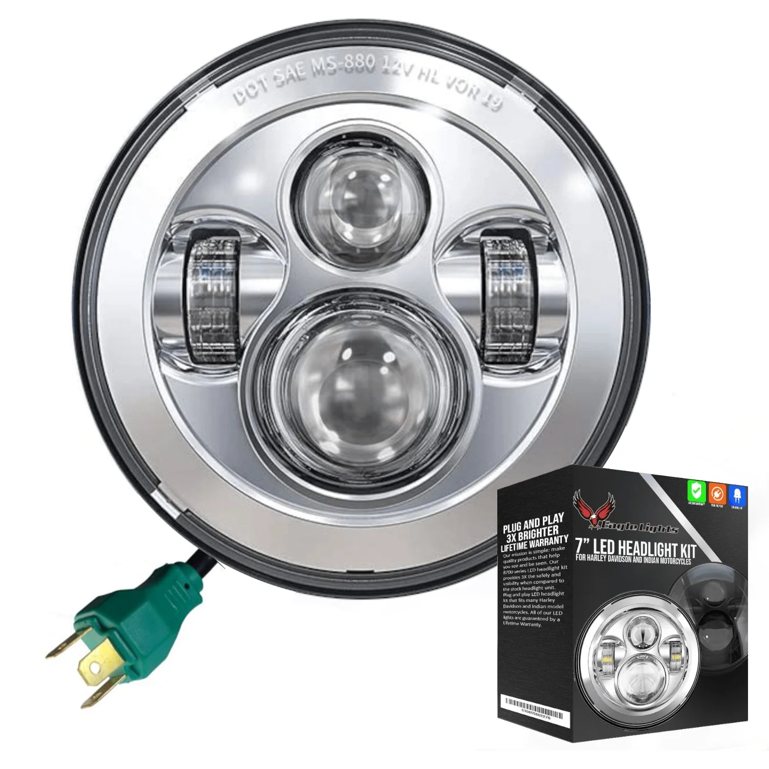 Eagle Lights 7" LED Headlight for Harley-Davidson® and Indian® Motorcycles - Generation I / Chrome Kit - Image 9