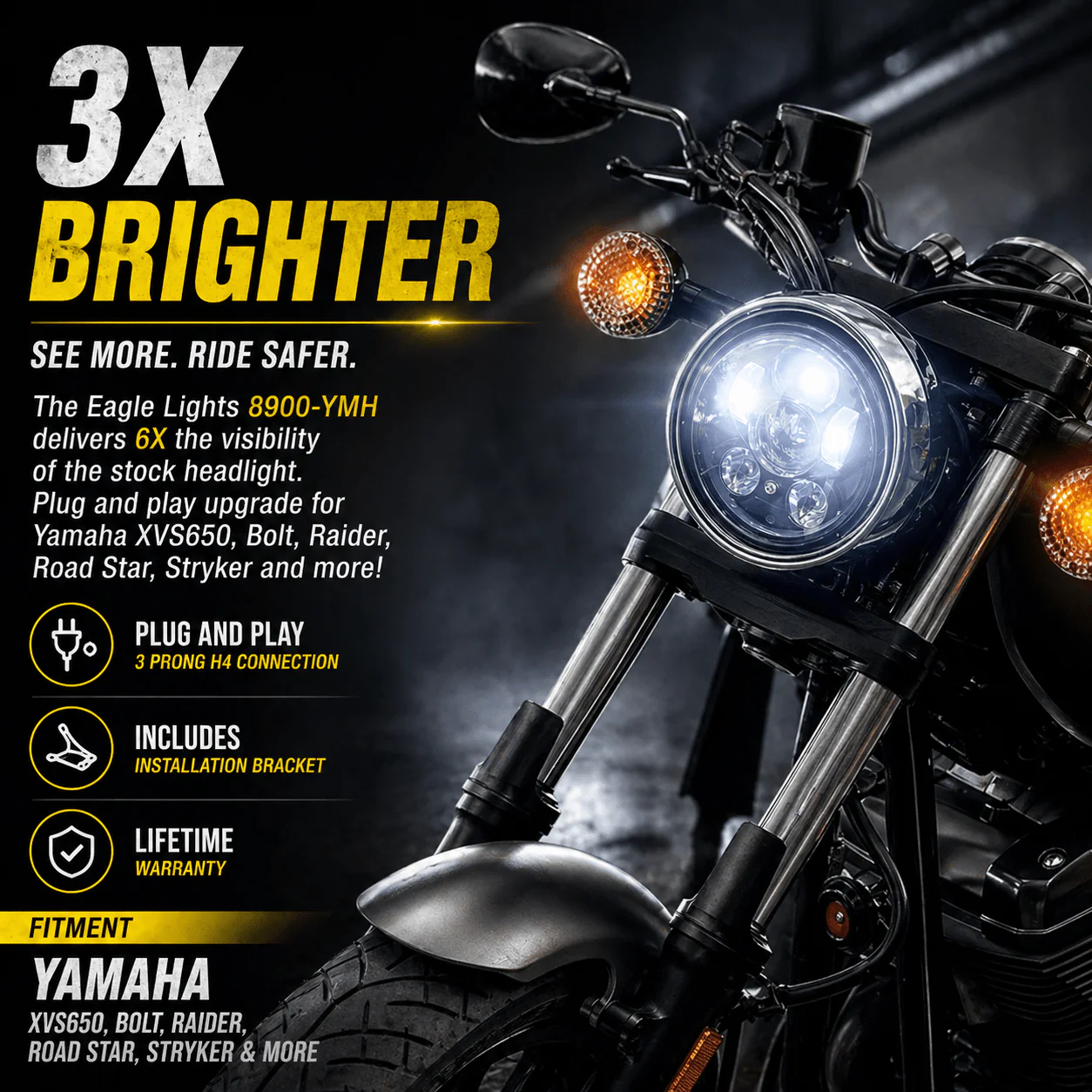 Eagle Lights 5 3/4" LED Headlight for Yamaha XVS650, Bolt, Raider, Road Star, Stryker Models - Image 5