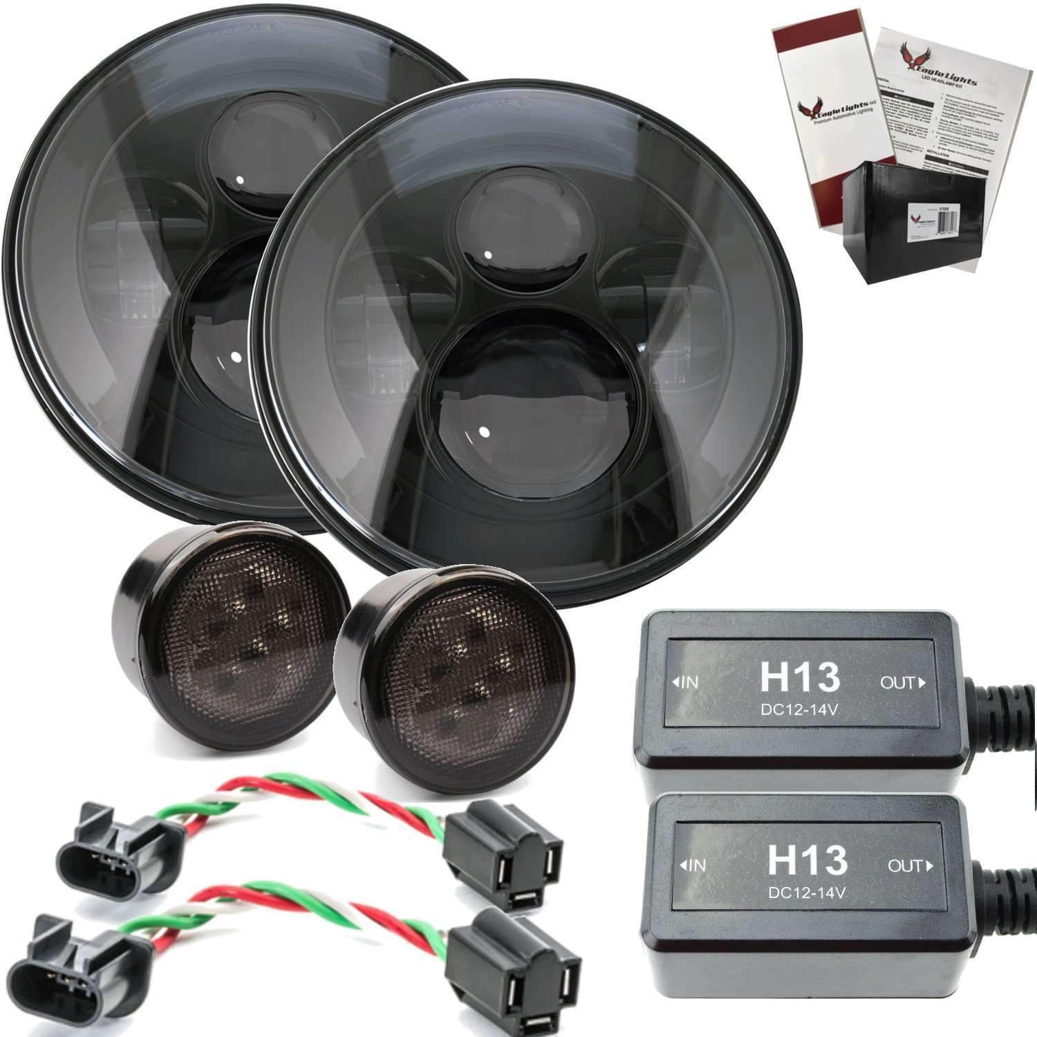 Eagle Lights 7" Round Black LED Projector Headlights (Pair) for Jeep Wrangler CJ JK TJ 97-2017 with Pair of Anti Flicker Harnesses - Image 10