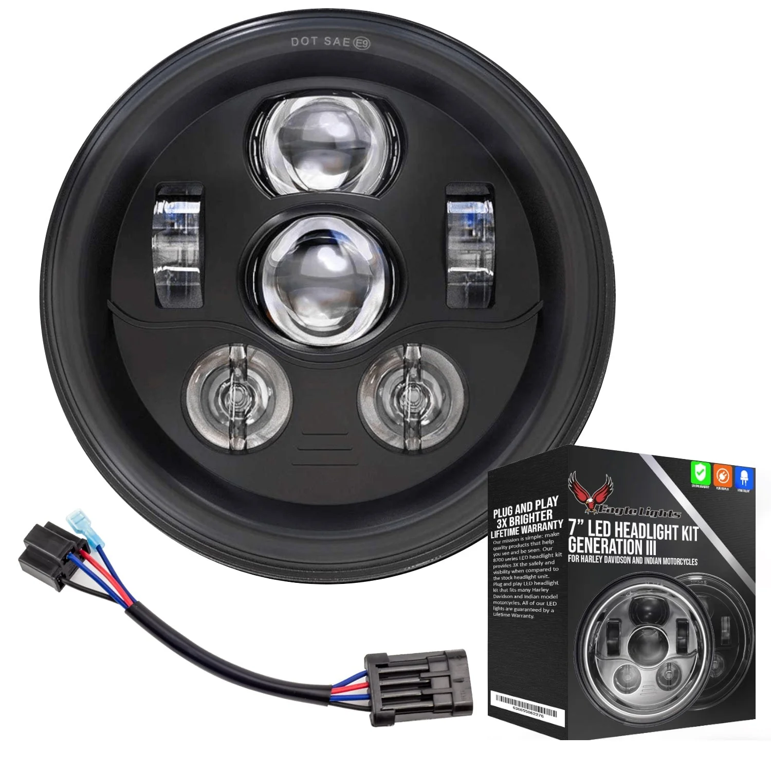 Eagle Lights 7" LED Headlight Kit for Harley-Davidson® and Indian® Motorcycles - Generation III / Black - Image 13