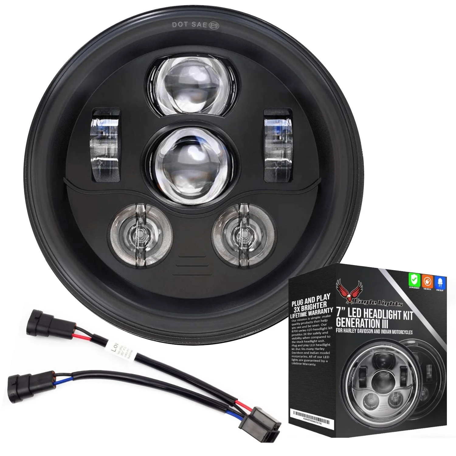 Eagle Lights 7" LED Headlight Kit for Harley-Davidson® and Indian® Motorcycles - Generation III / Black - Image 14