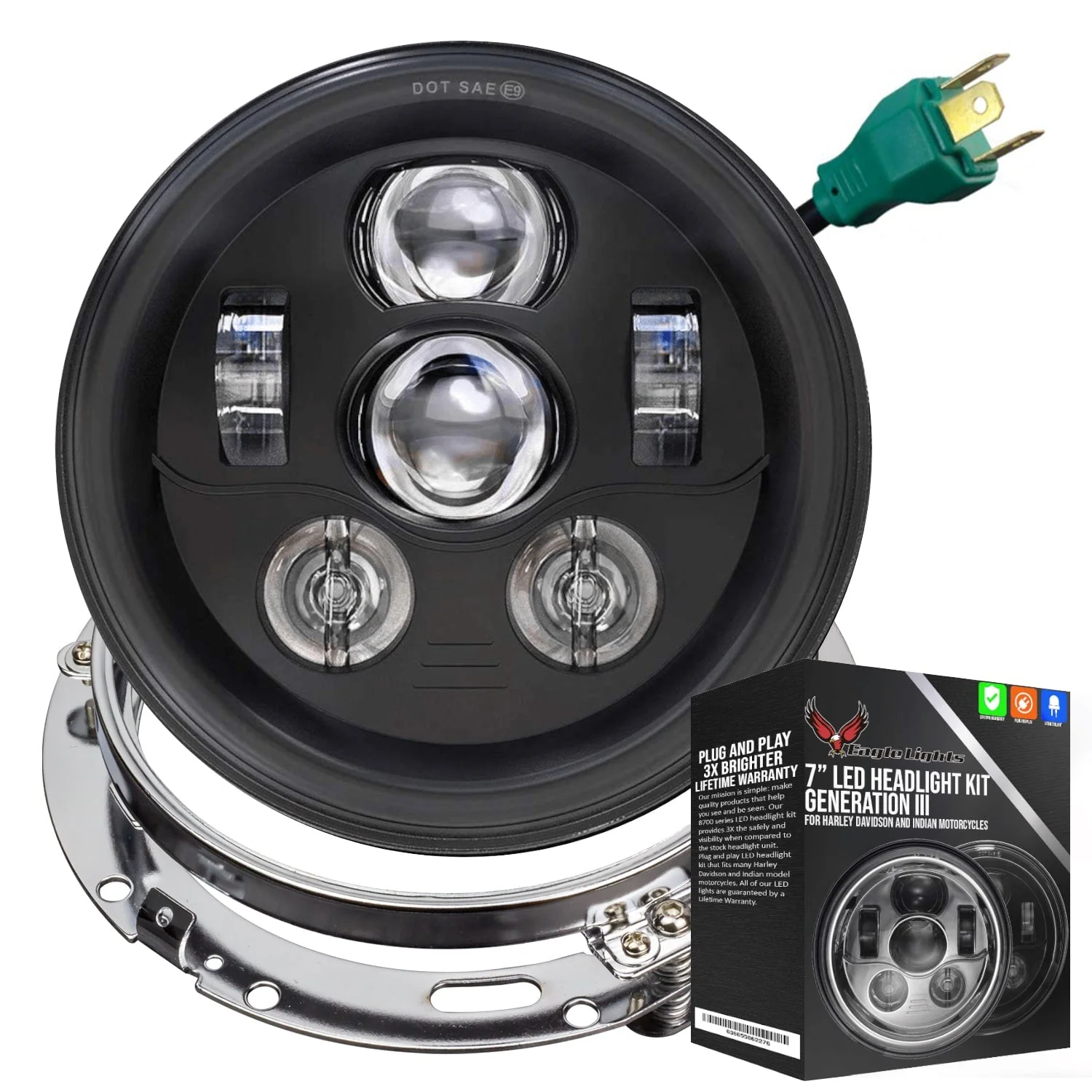Eagle Lights 7" LED Headlight Kit for Harley-Davidson® and Indian® Motorcycles - Generation III / Black - Image 15