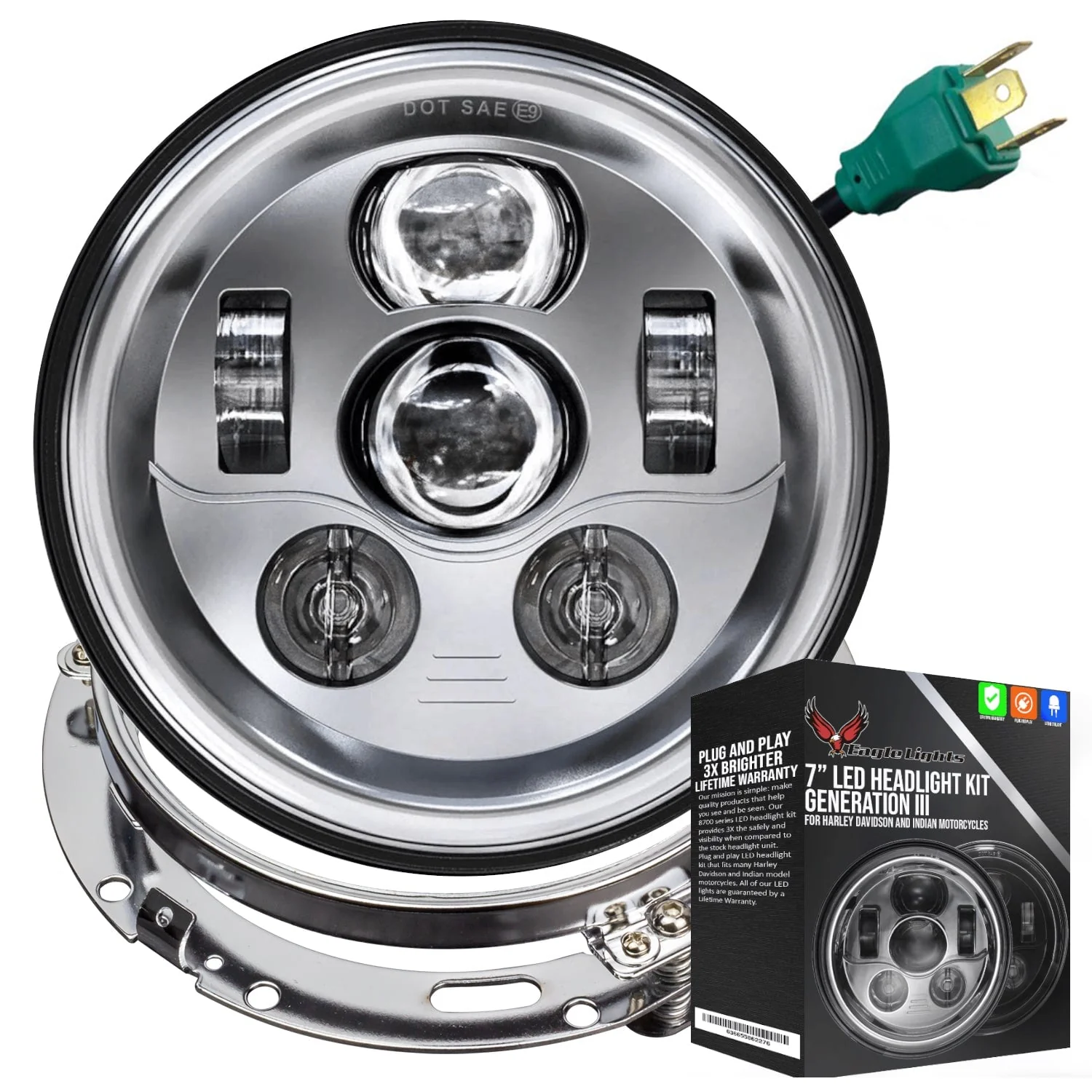 Eagle Lights 7" LED Headlight Kit for Harley-Davidson® and Indian® Motorcycles - Generation III / Chrome - Image 13