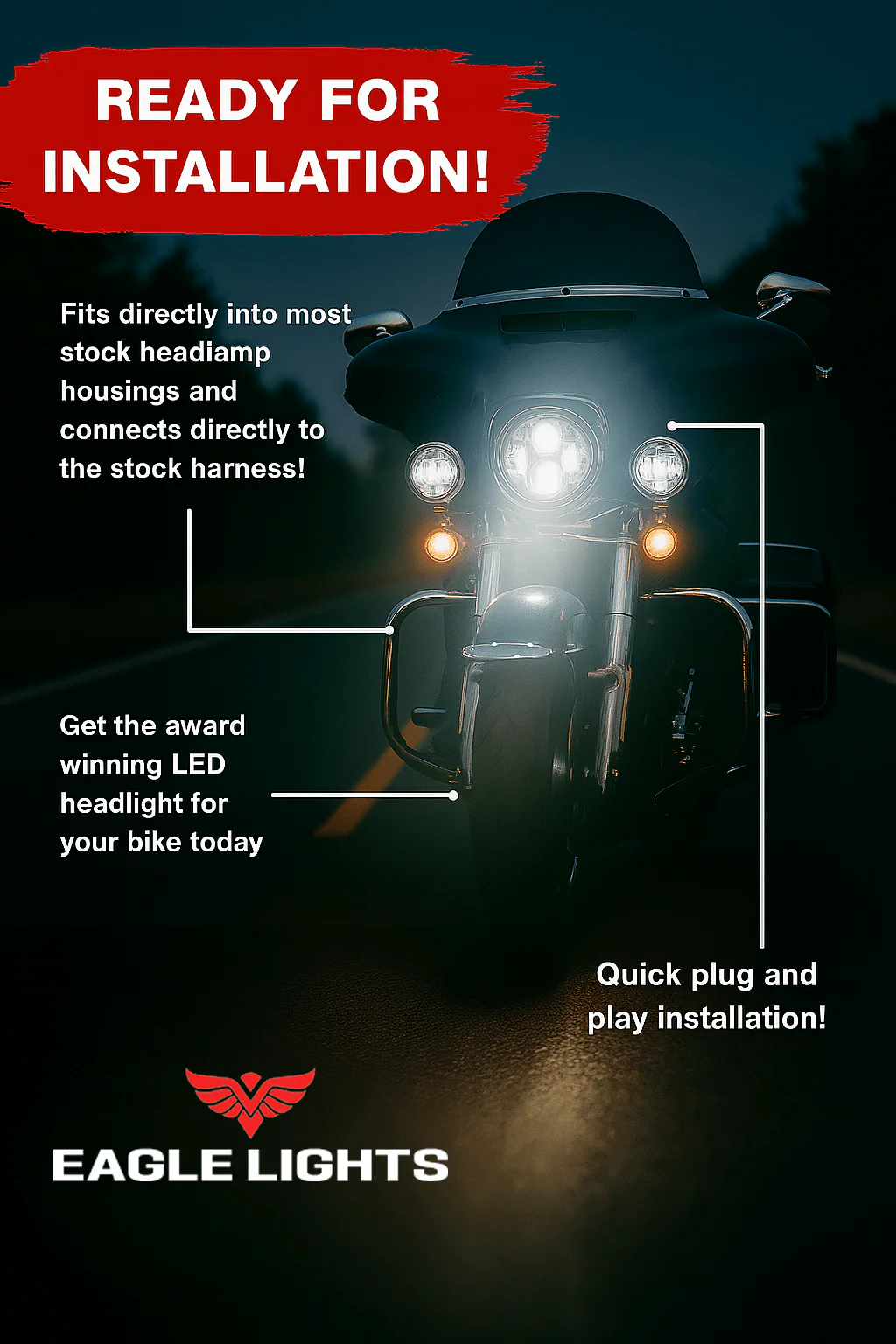 Eagle Lights 7" LED Headlight and 4.5" LED Passing Light Kit for Harley-Davidson® and Indian® Motorcycles - Generation I / Chrome - Image 3
