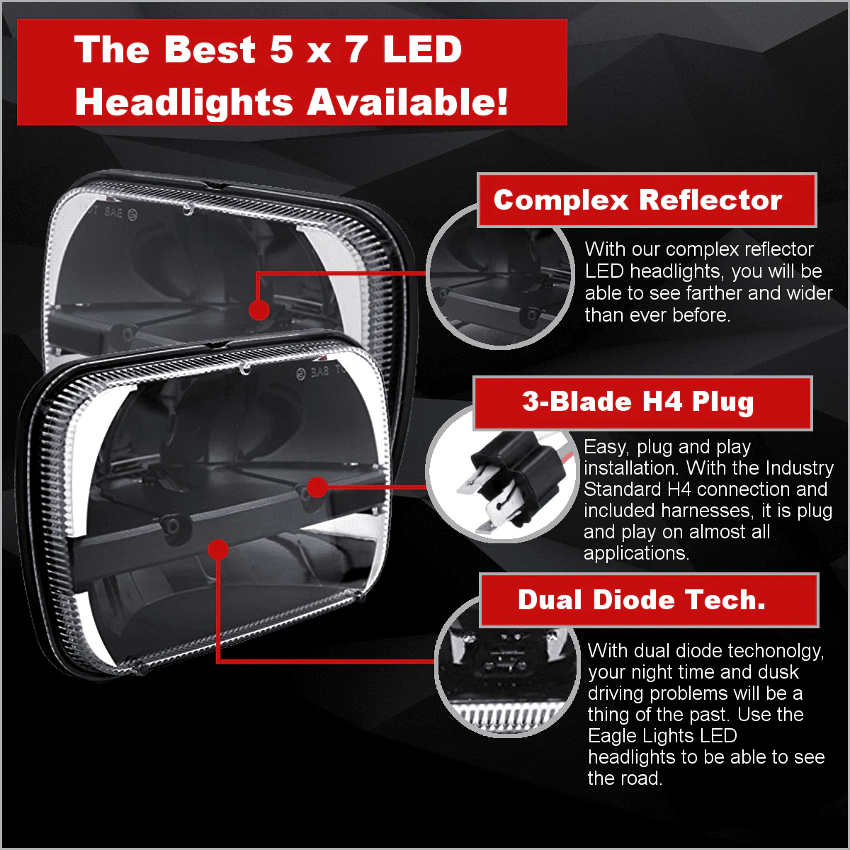 Eagle Lights 27450C Complex Reflector 5 x 7 LED Headlight for Chevrolet, GMC, Ford Trucks and Vans - Replaces H6054 - Image 6