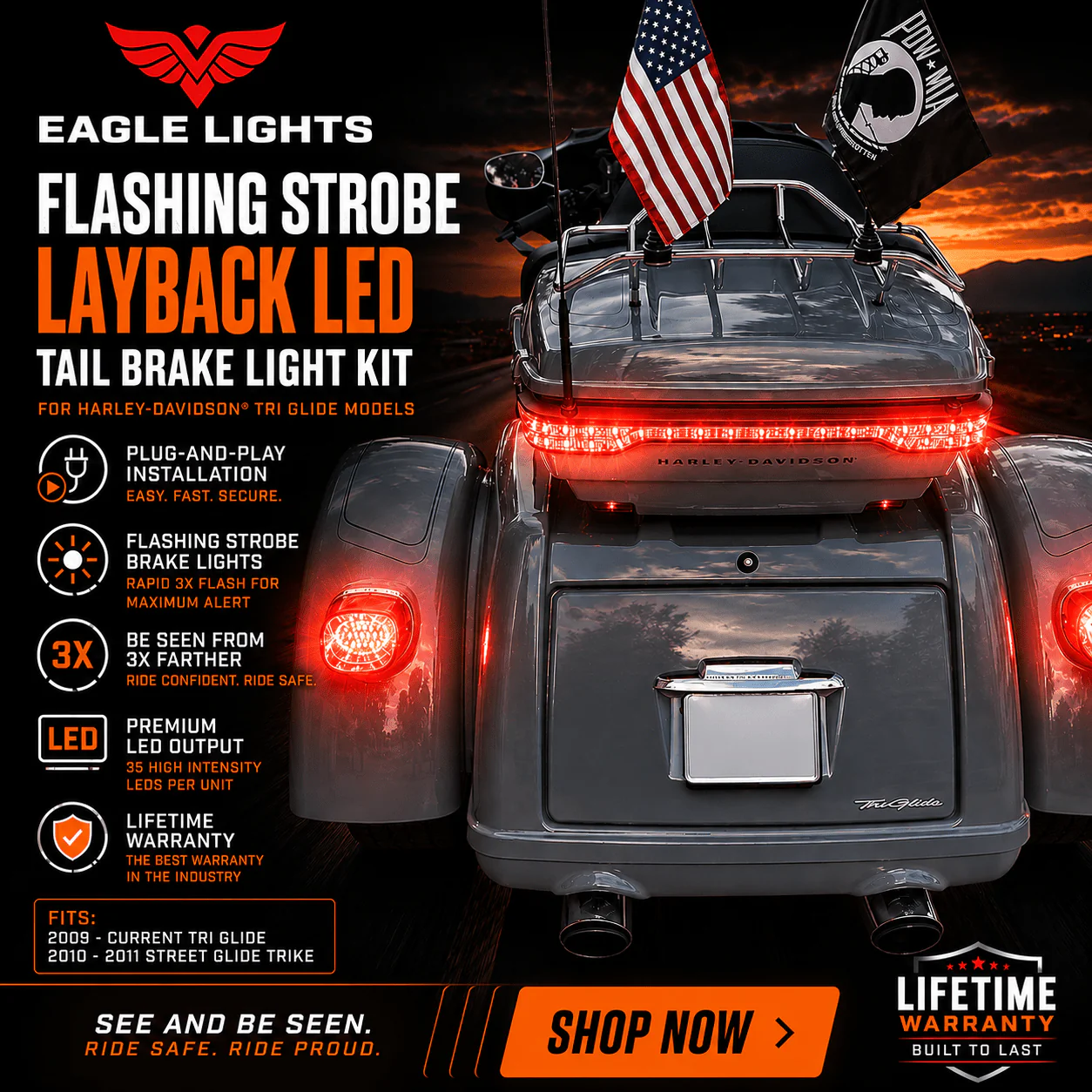 Eagle Lights Flashing Strobe Layback LED Tail Brake Light Kit for Harley-Davidson® Tri Glide Models - Image 3
