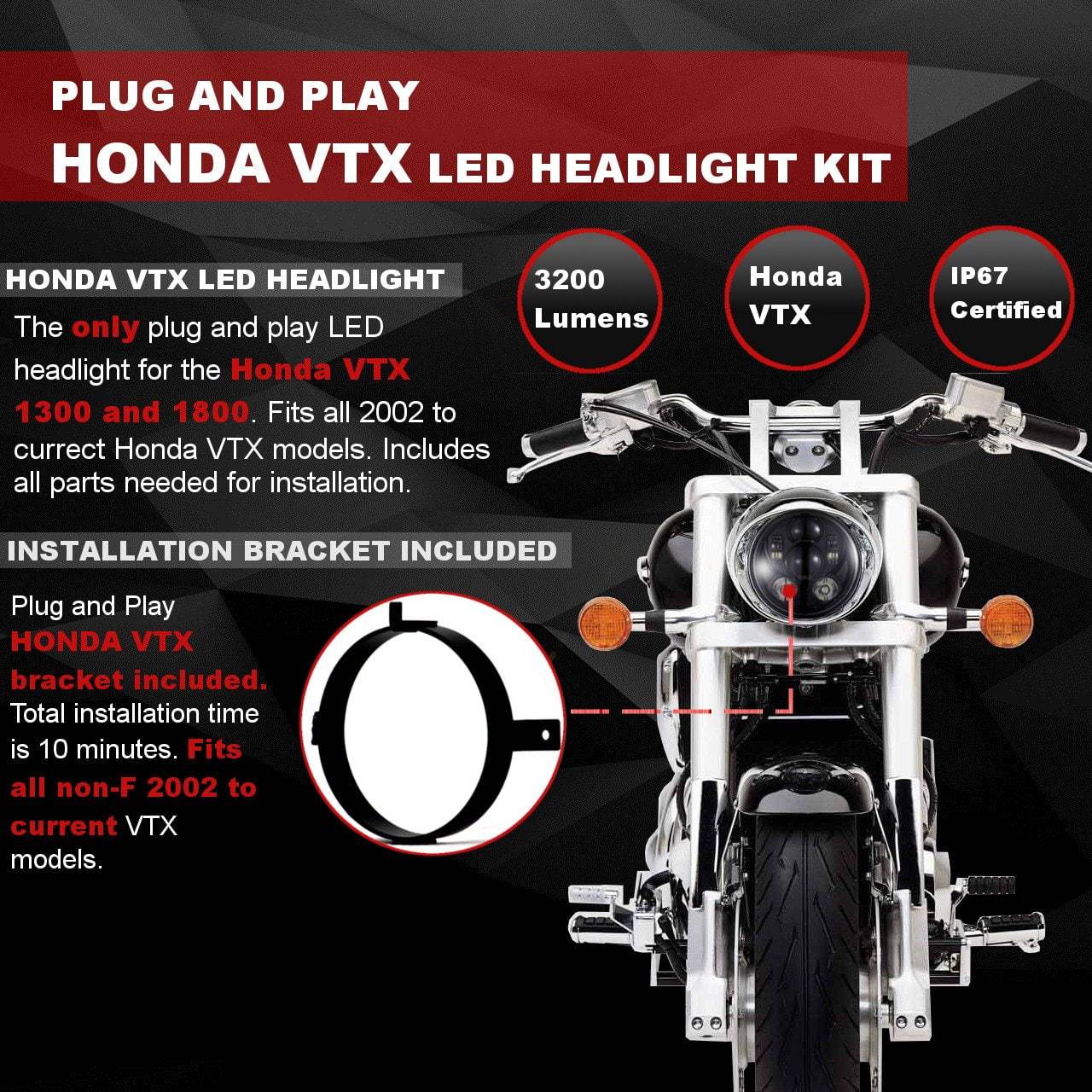 Eagle Lights Generation III LED Headlight For Honda VTX 1300 and 1800 - Includes VTX Bracket and Hardware - Image 9