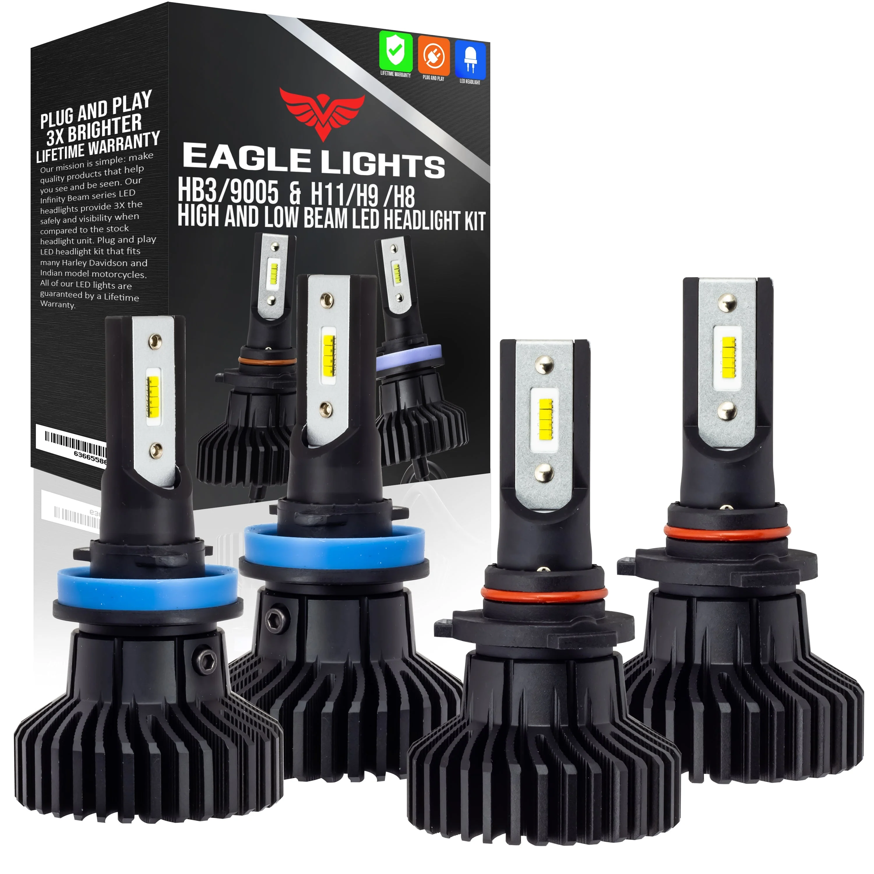 Eagle Lights Infinity Beam H11/H8/H9 Low Beam & HB3/9005 High Beam LED Headlight Bulb Combo - High & Low Beam - 4 Pack