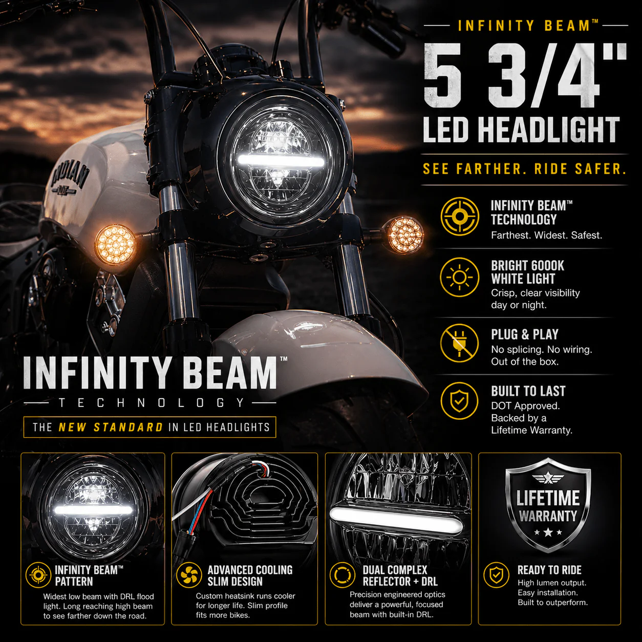 Eagle Lights Infinity Beam Series 5-3/4" Round LED Headlight for Harley-Davidson® and Indian® Motorcycles - Image 3