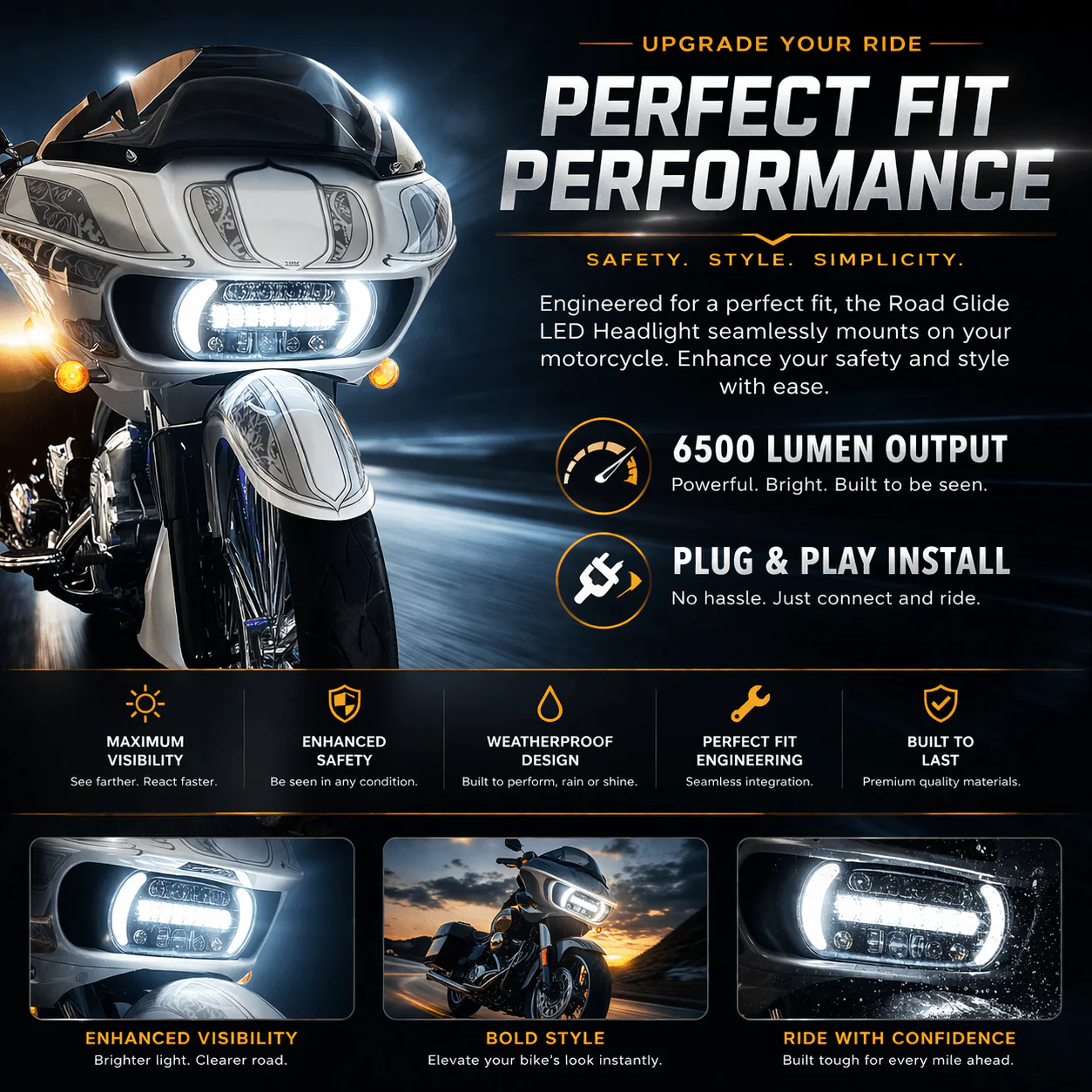 Eagle Lights LED Projection Headlight for Harley-Davidson® 2015 - 2025 Road Glide with Vent Insert Light Combo Kit - Image 3