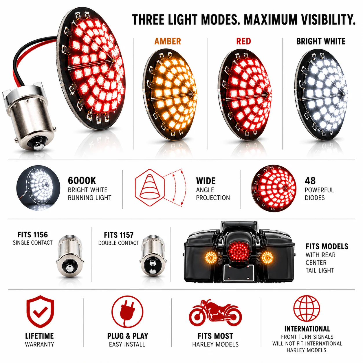 Eagle Lights Midnight Edition Generation III Front and Rear LED Turn Signals Kit for Harley-Davidson® Motorcycles - 1157 Front / 1156 Red Rear - Image 4