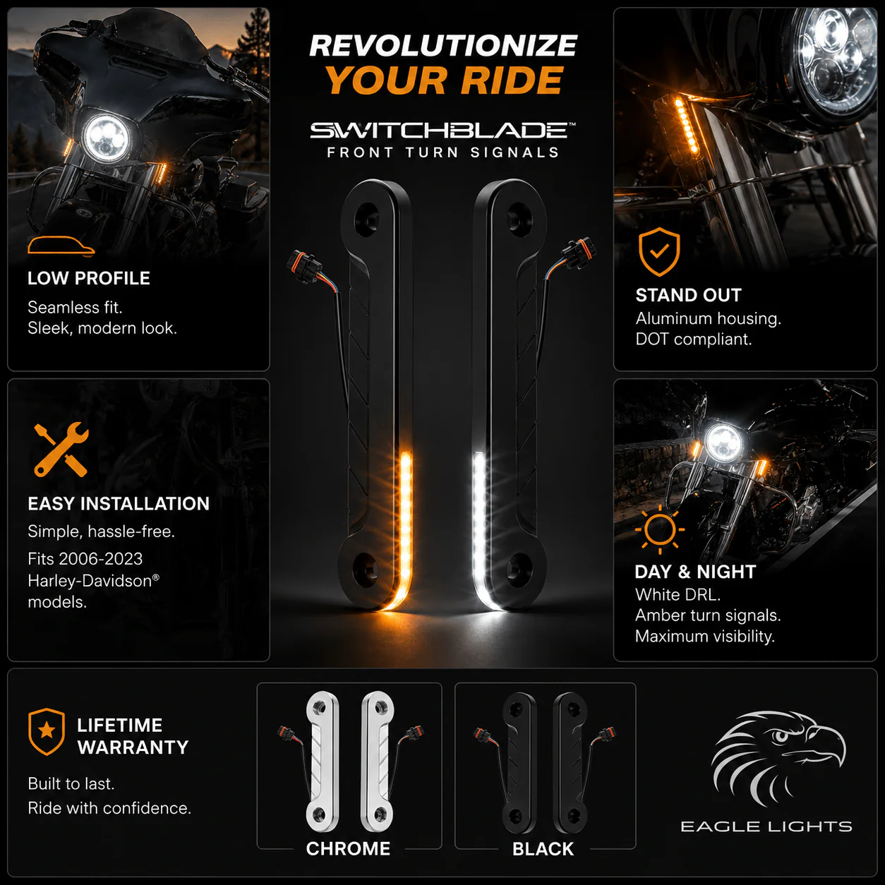 Eagle Lights SWITCHBLADE Low Profile Fork LED Turn Signal and Running Lights for 2006 - 2023 Harley-Davidson® Models - Image 3