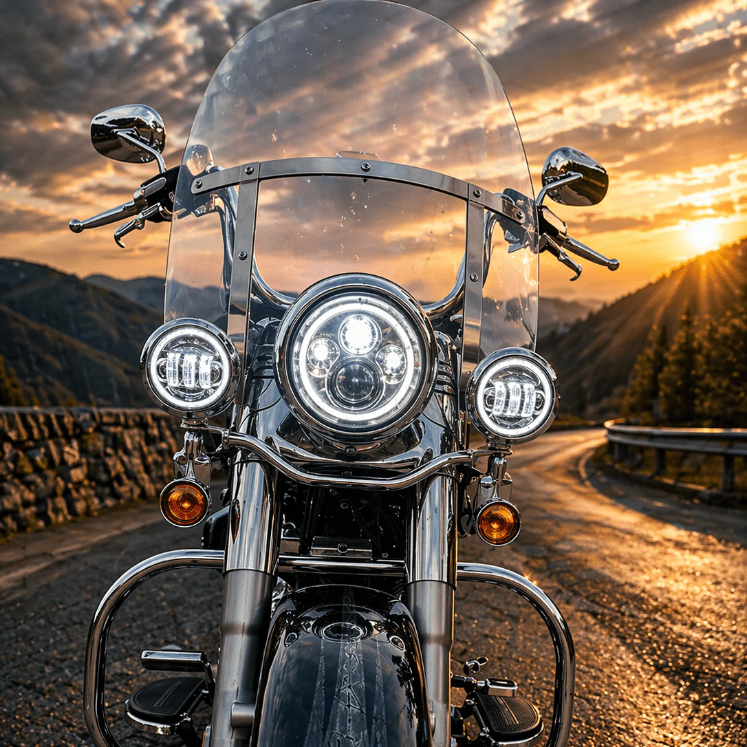 Eagle Lights 7" LED Headlight and 4.5" LED Passing Light Kit with Halo Rings for Harley-Davidson® and Indian Motorcycles - Generation I / Chrome - Image 3