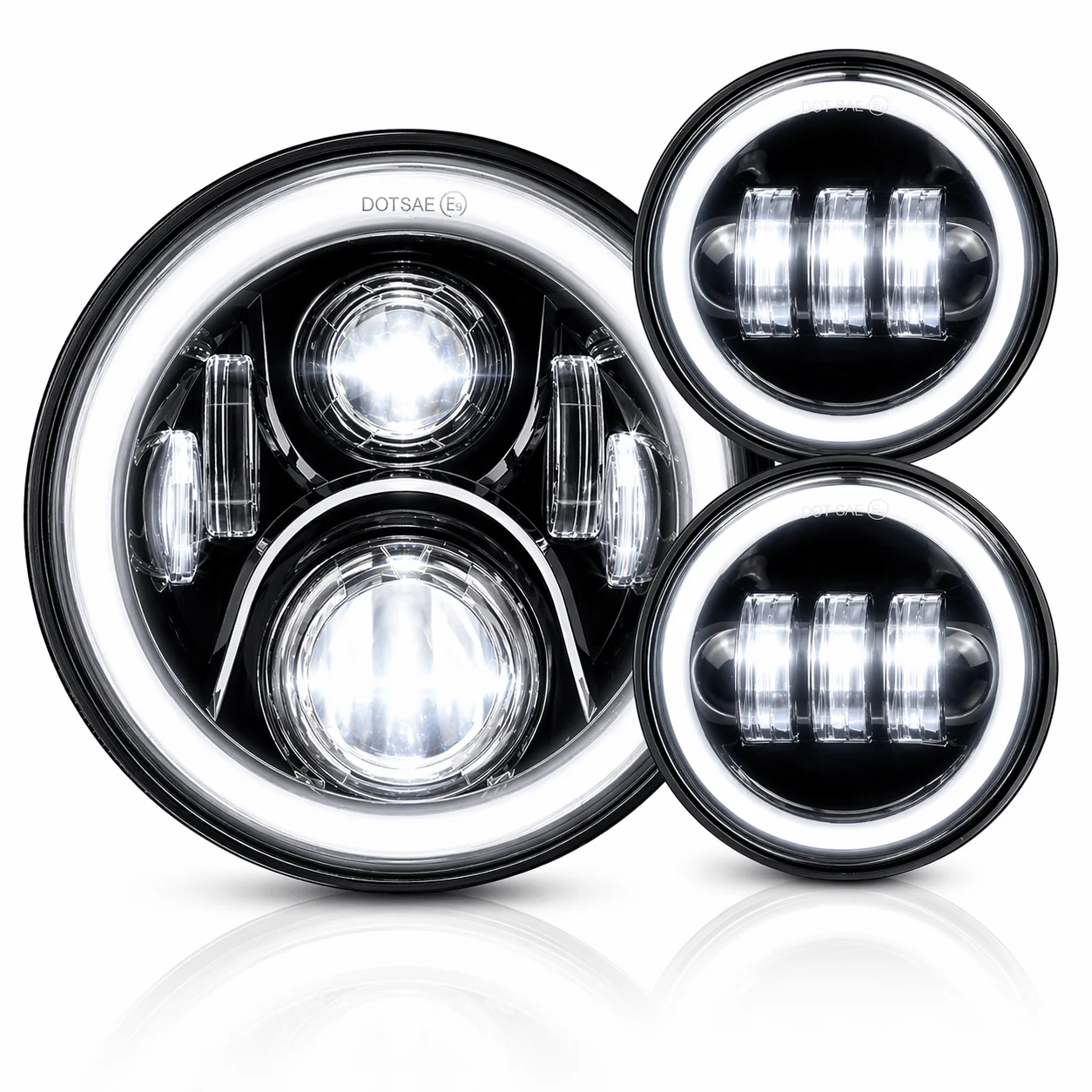 Eagle Lights 7" LED Headlight and 4.5" LED Passing Light Kit with Halo Rings for Harley-Davidson® and Indian Motorcycles - Generation II / Black / Halo Ring
