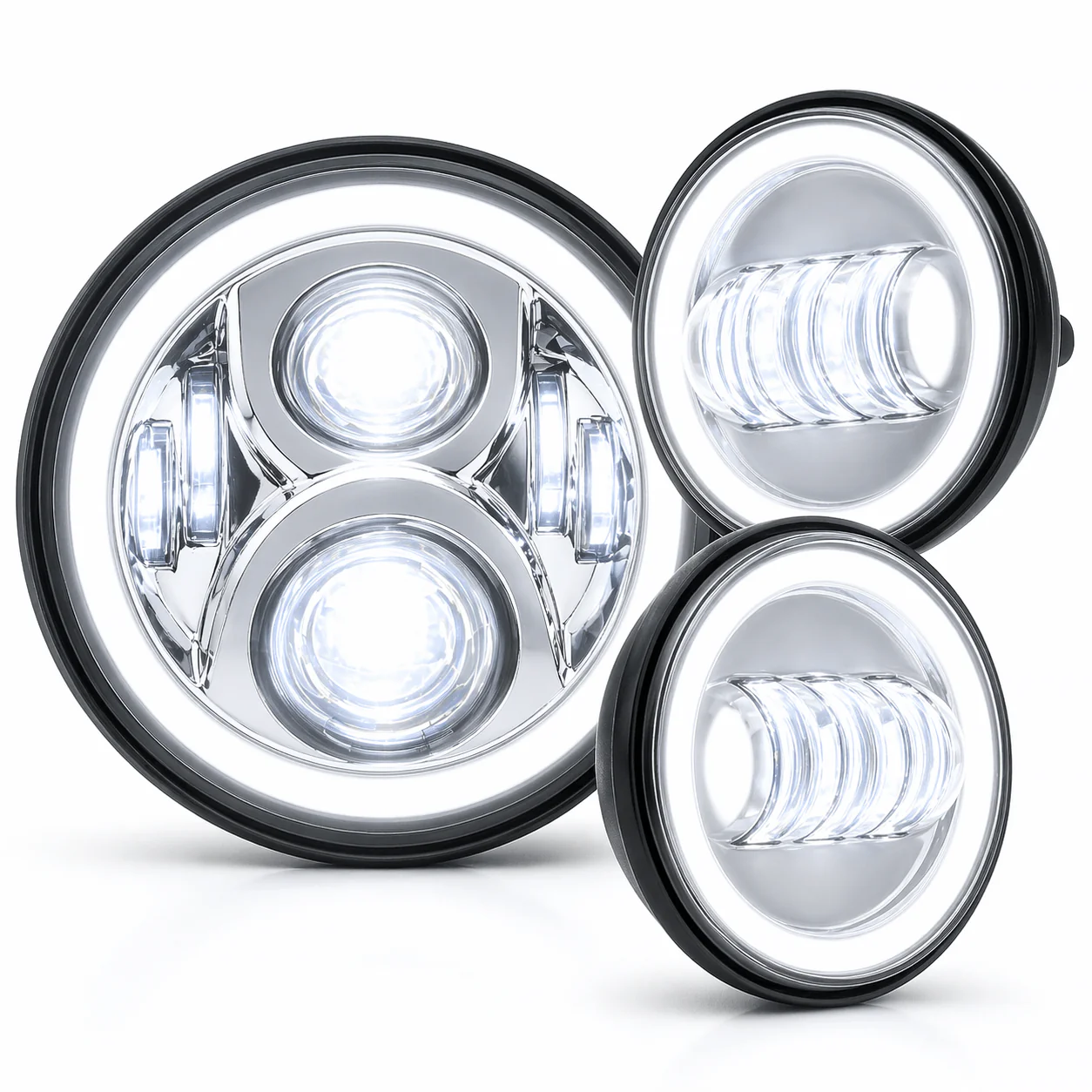 Eagle Lights 7" LED Headlight and 4.5" LED Passing Light Kit with Halo Rings for Harley-Davidson® & Indian® Motorcycles - Generation II / Chrome / Halo Ring