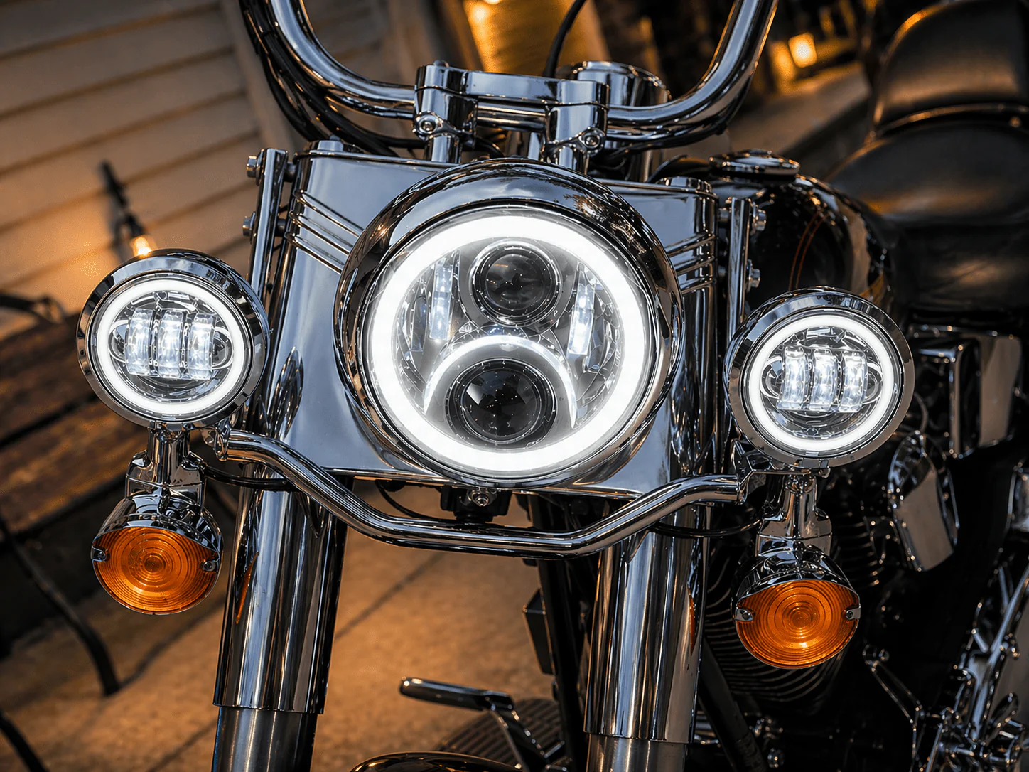 Eagle Lights 7" LED Headlight and 4.5" LED Passing Light Kit with Halo Rings for Harley-Davidson® & Indian® Motorcycles - Generation II / Chrome / Halo Ring - Image 10