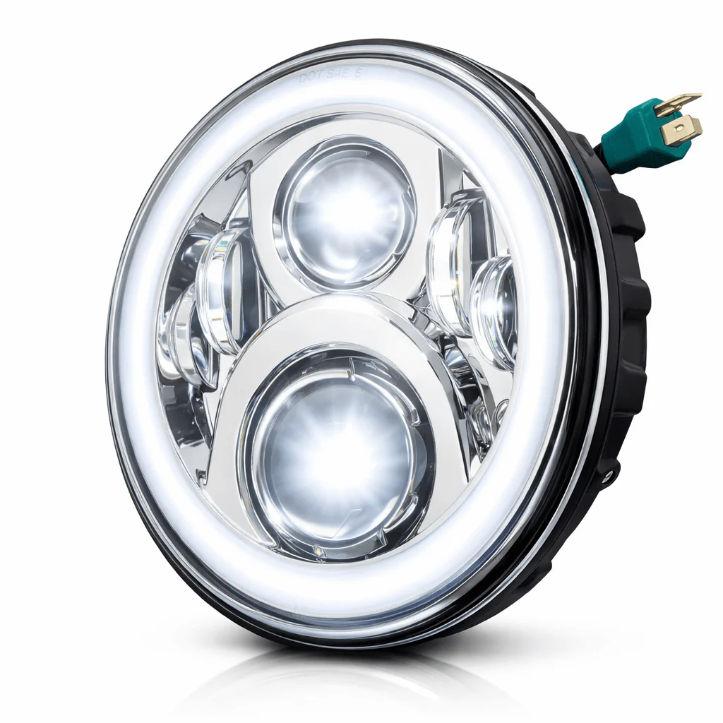 Eagle Lights 7" LED Headlight and 4.5" LED Passing Light Kit with Halo Rings for Harley-Davidson® & Indian® Motorcycles - Generation II / Chrome / Halo Ring - Image 4