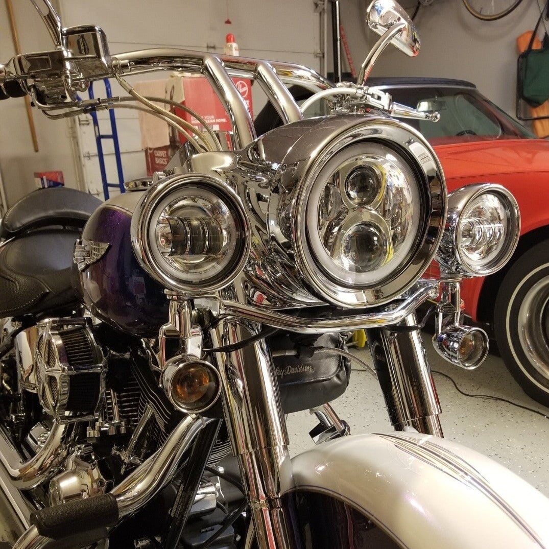 Eagle Lights 7" LED Headlight and 4.5" LED Passing Light Kit with Halo Rings for Harley-Davidson® & Indian® Motorcycles - Generation II / Chrome / Halo Ring - Image 7