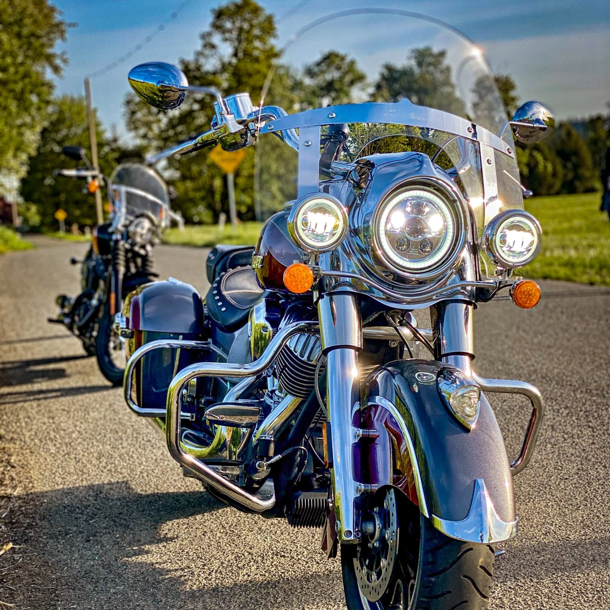 Eagle Lights 7" LED Headlight and 4.5" LED Passing Light Kit with Halo Rings for Harley-Davidson® & Indian® Motorcycles - Generation III / Chrome / Halo Ring - Image 4